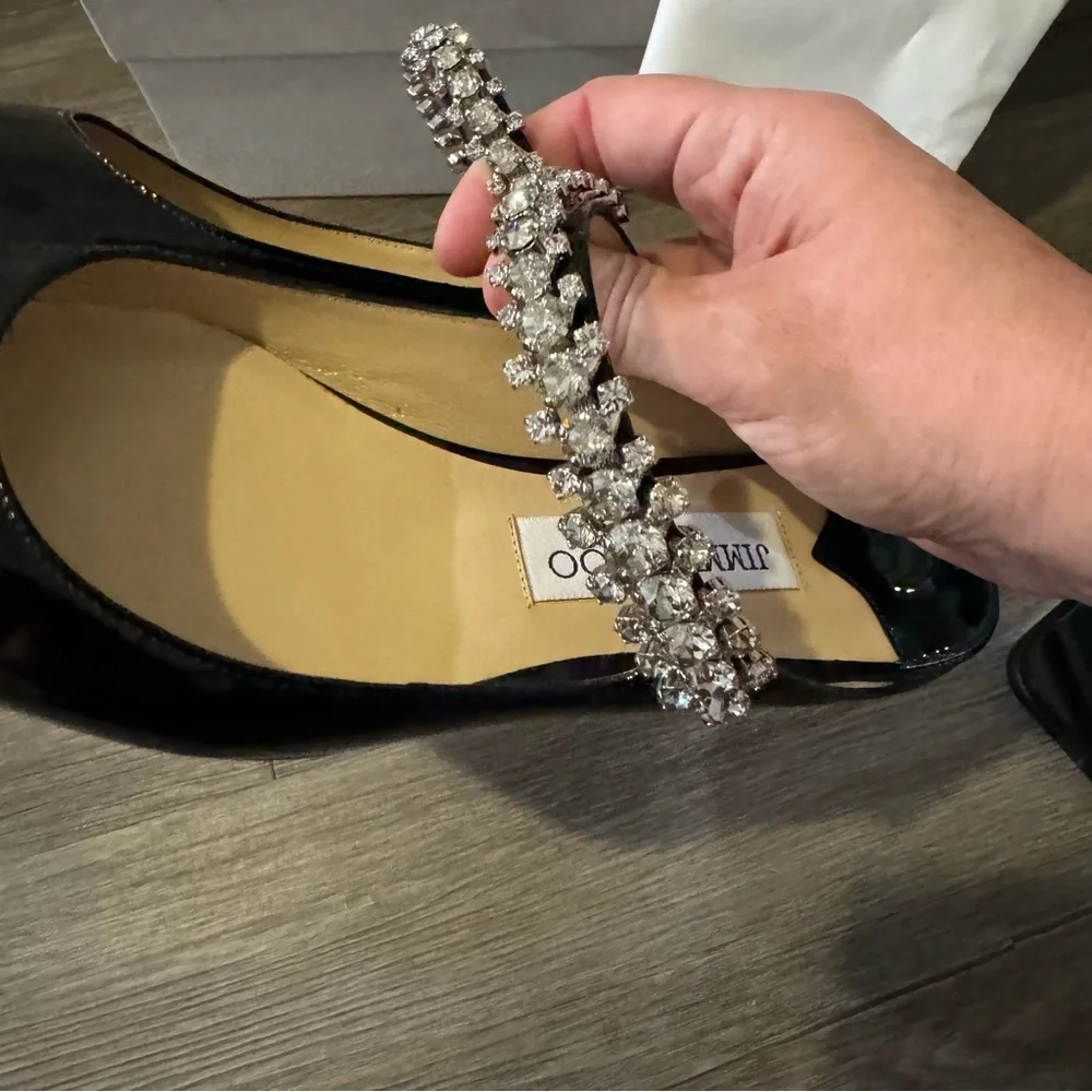 Jimmy Choo Bing Black Patent Leather Crystal Embellished Strap Flats